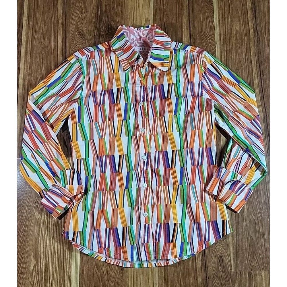 Tizzie Rome Kaleidoscope Shirt Size‎ Small Button Rainbow Long Sleeve Art Deco